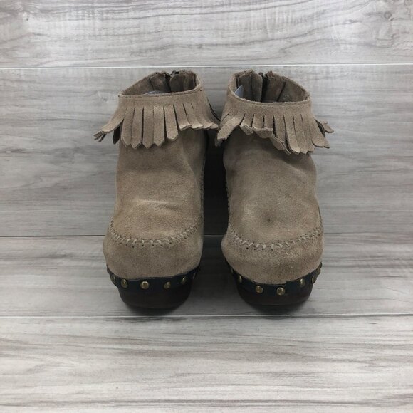Flogg Ankle Boots Women's 6.5 Davina Taupe Fringe Suede Heel Platform Booties - Picture 5 of 9